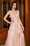 A-Line Spaghetti stropper Blush Long Prom Kjole med Appliques