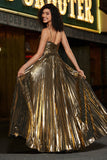 Golden A-Line Spaghetti stropper Plissert Sparkly Prom Kjole med Slit