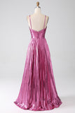 Fuchsia A-Line Spaghetti Stropper Plissert Prom Kjole med Slit