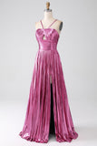Fuchsia A-Line Spaghetti Stropper Plissert Prom Kjole med Slit