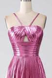 Fuchsia A-Line Spaghetti Stropper Plissert Prom Kjole med Slit