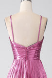 Fuchsia A-Line Spaghetti Stropper Plissert Prom Kjole med Slit