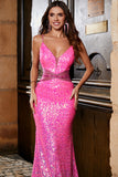 Hot Pink Glitter Mermaid Prom kjole med Beading Waist