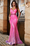 Hot Pink Glitter Mermaid Prom kjole med Beading Waist