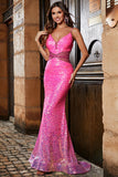 Hot Pink Glitter Mermaid Prom kjole med Beading Waist
