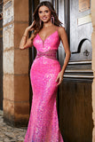 Hot Pink Glitter Mermaid Prom kjole med Beading Waist
