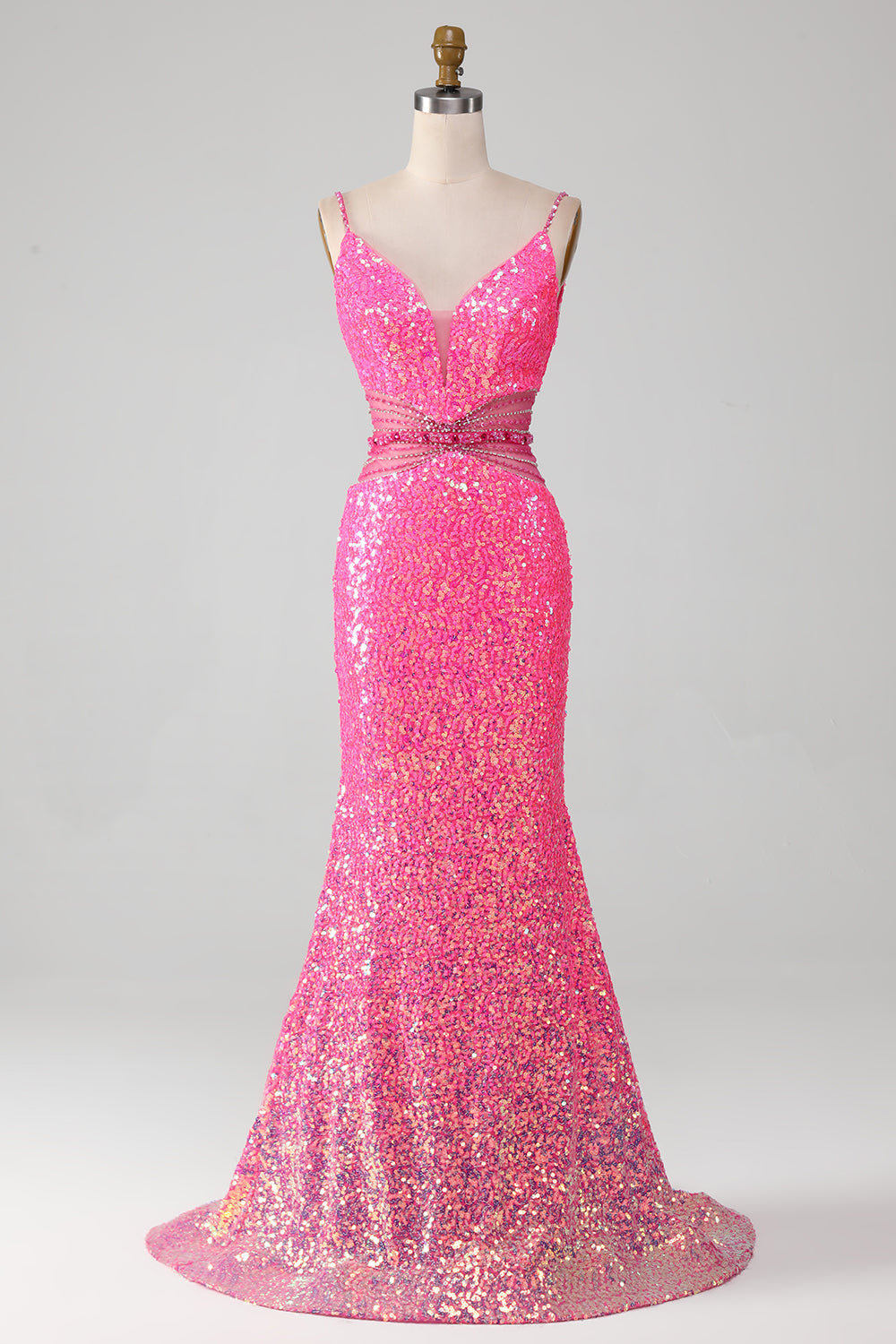Hot Pink Spaghetti stropper Glitter Mermaid Prom kjole med Beading Waist