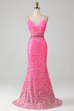 Hot Pink Spaghetti stropper Glitter Mermaid Prom kjole med Beading Waist