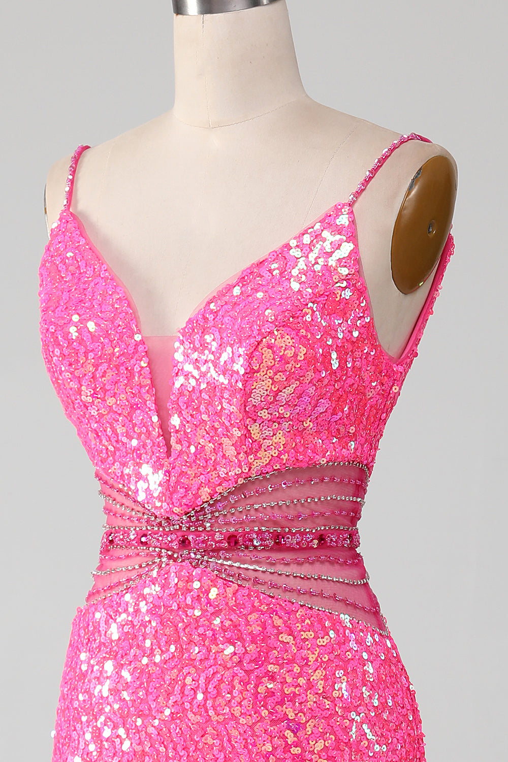 Hot Pink Spaghetti stropper Glitter Mermaid Prom kjole med Beading Waist