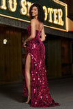 Spaghetti stropper Hot Pink Sparkly Mermaid paljetter Long Prom Kjole med Slit