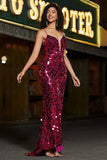 Spaghetti stropper Hot Pink Sparkly Mermaid paljetter Long Prom Kjole med Slit