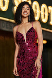 Spaghetti stropper Hot Pink Sparkly Mermaid paljetter Long Prom Kjole med Slit