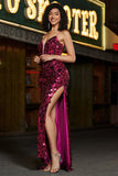 Spaghetti stropper Hot Pink Sparkly Mermaid paljetter Long Prom Kjole med Slit