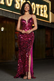 Spaghetti stropper Hot Pink Sparkly Mermaid paljetter Long Prom Kjole med Slit