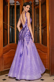 Stunning Mermaid V Neck Purple Sequins Long Prom Dress med åpen rygg