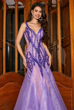 Stunning Mermaid V Neck Purple Sequins Long Prom Dress med åpen rygg