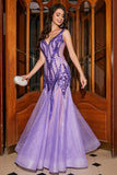 Stunning Mermaid V Neck Purple Sequins Long Prom Dress med åpen rygg