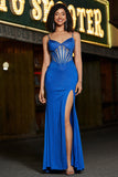 Havfrue Royal Blue Glitter Korsett Prom kjole med perler