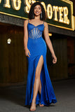 Havfrue Royal Blue Glitter Korsett Prom kjole med perler