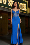 Havfrue Royal Blue Glitter Korsett Prom kjole med perler
