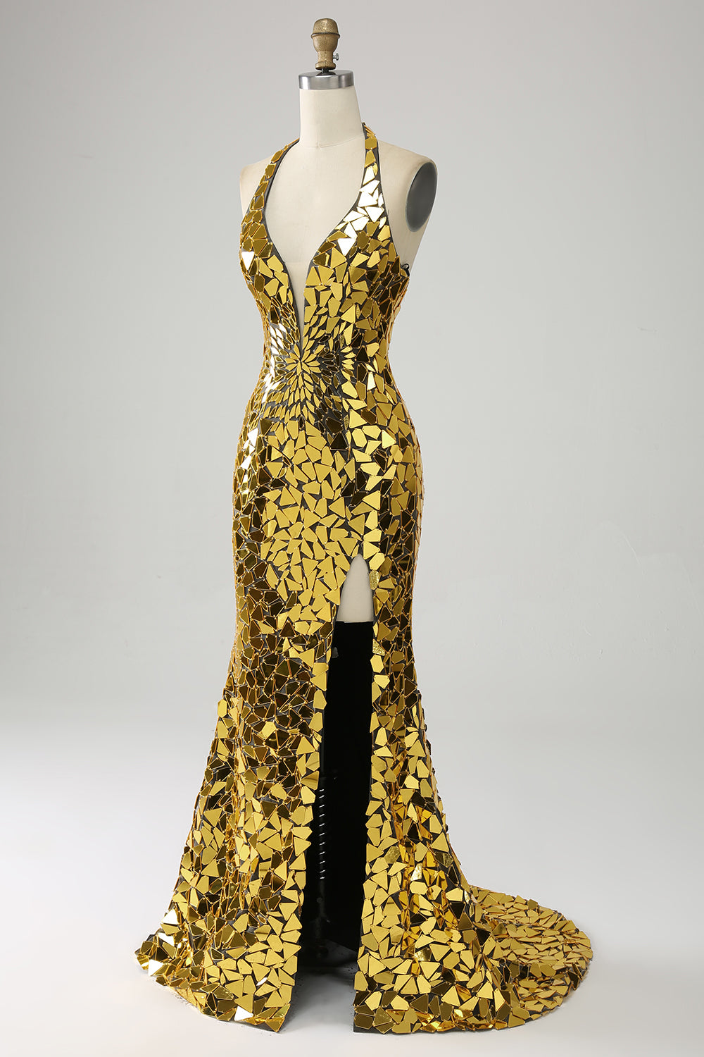 Golden Mermaid Halter Deep V-Neck Backless Mirror Prom kjole med høy spalt
