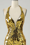 Golden Mermaid Halter Deep V-Neck Backless Mirror Prom kjole med høy spalt
