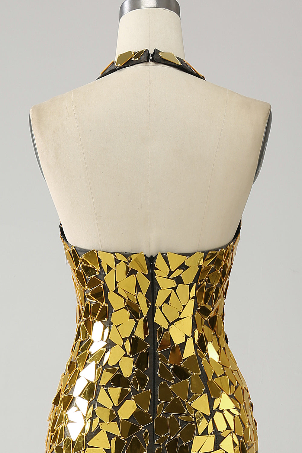 Golden Mermaid Halter Deep V-Neck Backless Mirror Prom kjole med høy spalt