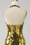 Golden Mermaid Halter Deep V-Neck Backless Mirror Prom kjole med høy spalt