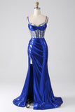 Royal Blue Mermaid Sparkly Sequin Plissert korsett Prom kjole med spalt