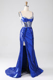Royal Blue Mermaid Sparkly Sequin Plissert korsett Prom kjole med spalt