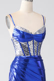 Royal Blue Mermaid Sparkly Sequin Plissert korsett Prom kjole med spalt