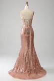 Rose Gold Mermaid Beaded Ruched Sequin Corset Prom kjole med side spalt