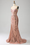 Rose Gold Mermaid Beaded Ruched Sequin Corset Prom kjole med side spalt