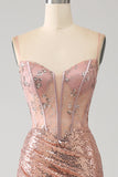 Rose Gold Mermaid Beaded Ruched Sequin Corset Prom kjole med side spalt