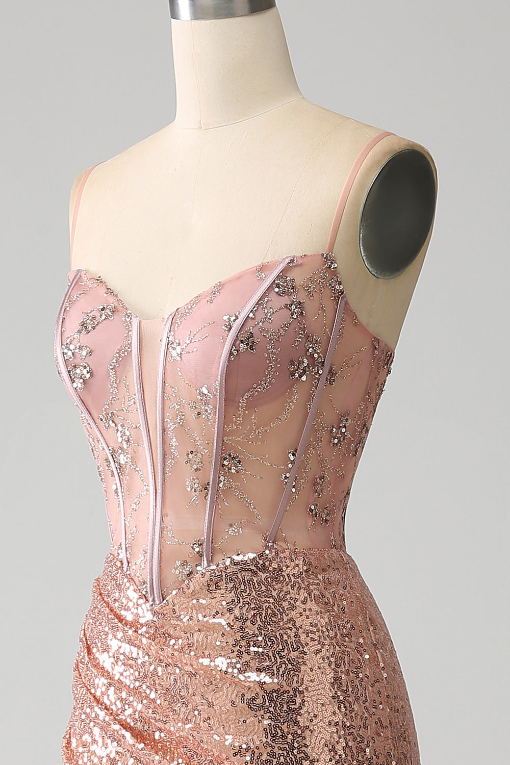 Rose Gold Mermaid Beaded Ruched Sequin Corset Prom kjole med side spalt