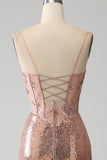 Rose Gold Mermaid Beaded Ruched Sequin Corset Prom kjole med side spalt