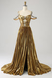 Stunning A Line Off the Shoulder Gold Long Prom Dress med nøkkelhull