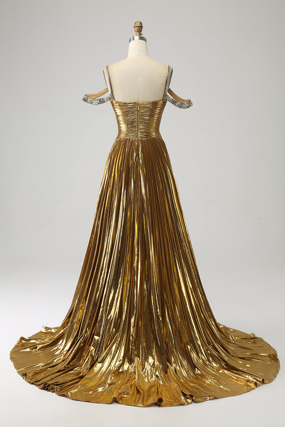 Stunning A Line Off the Shoulder Gold Long Prom Dress med nøkkelhull