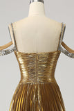 Stunning A Line Off the Shoulder Gold Long Prom Dress med nøkkelhull