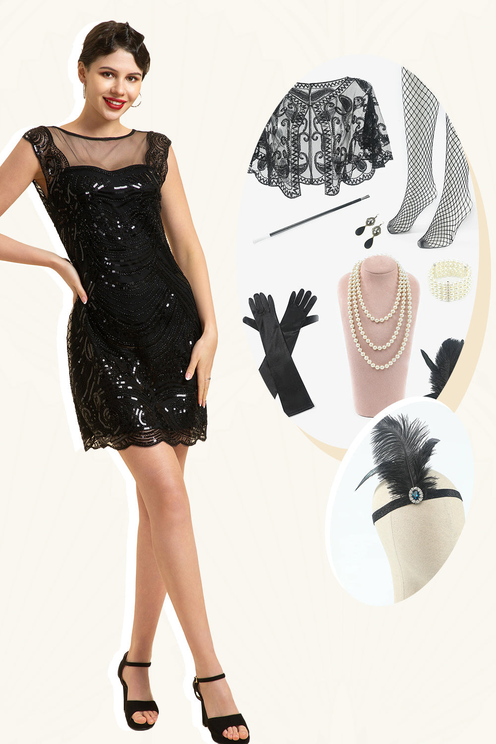 Black Sequined 1920-tallet Gatsby kjole med 20-tallet tilbehør sett