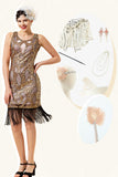 Golden Sequined Fringes 1920-tallet Flapper kjole med 20-tallet tilbehør sett