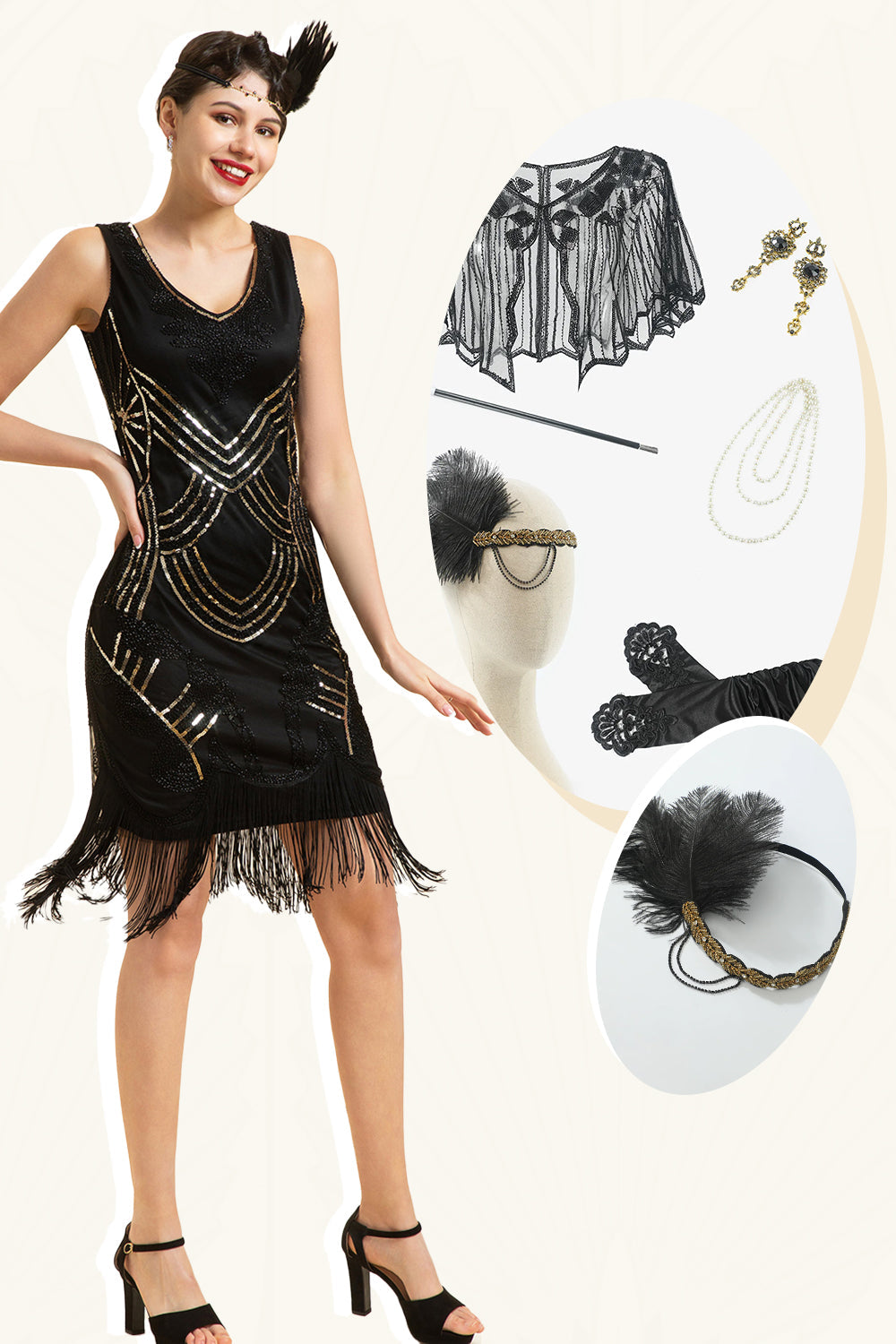 Black Sequined Fringes 1920-tallet Gatsby Flapper kjole med 20-tallet tilbehør sett