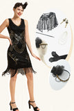 Black Sequined Fringes 1920-tallet Gatsby Flapper kjole med 20-tallet tilbehør sett