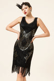 Black Sequined Fringes 1920-tallet Gatsby Flapper kjole med 20-tallet tilbehør sett