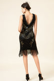 Black Sequined Fringes 1920-tallet Gatsby Flapper kjole med 20-tallet tilbehør sett