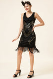 Black Sequined Fringes 1920-tallet Gatsby Flapper kjole med 20-tallet tilbehør sett
