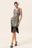 Aprikos og Golden Sequined Fringes 1920-tallet Gatsby Flapper kjole med 20-tallet tilbehør sett