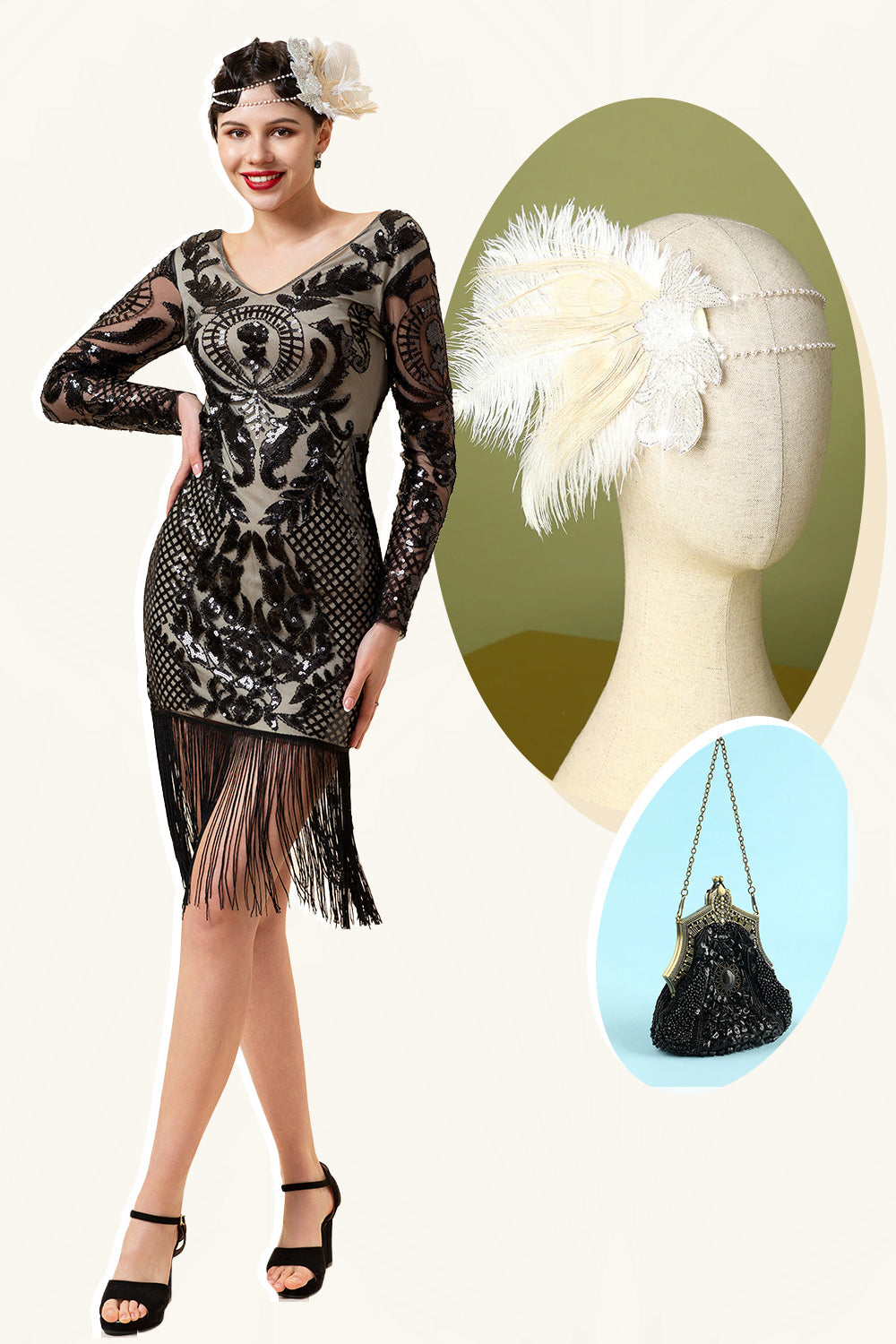 Black Long Sleeves Sequined Fringes 1920-tallet Gatsby Flapper Kjole med 20-tallet Tilbehør Set