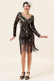 Black Long Sleeves Sequined Fringes 1920-tallet Gatsby Flapper Kjole med 20-tallet Tilbehør Set