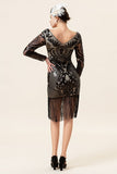 Black Long Sleeves Sequined Fringes 1920-tallet Gatsby Flapper Kjole med 20-tallet Tilbehør Set